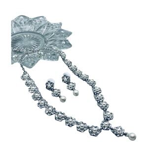 Chic Silver Floral Rhinestone Crystal Necklace and Earring Set